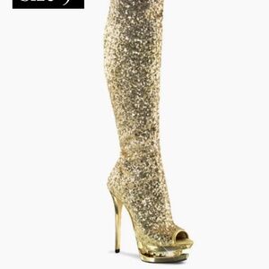 Glitter gold platform thigh high boot